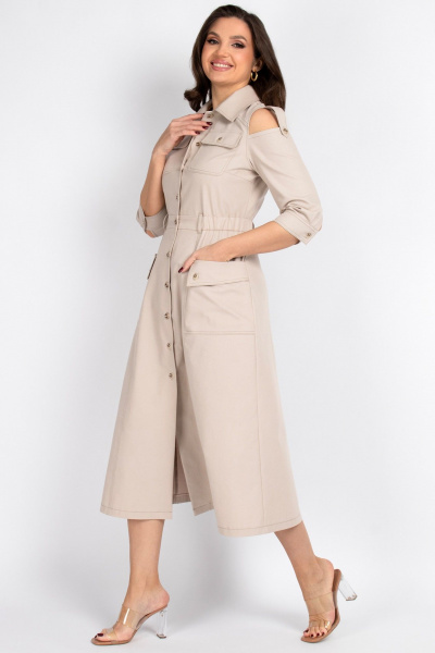 Платье из хлопка с резинкой по талии и клиньями VIZAVI 823 бежевый_джинс - фото 1