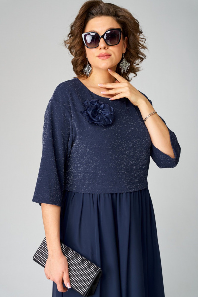 Нарядное платье из шифона и трикотажа с цветком EVA GRANT 7216В темно-синий - фото 8