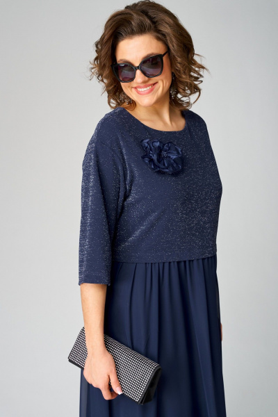Нарядное платье из шифона и трикотажа с цветком EVA GRANT 7216В темно-синий - фото 7