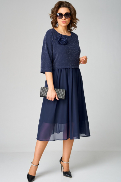 Нарядное платье из шифона и трикотажа с цветком EVA GRANT 7216В темно-синий - фото 4