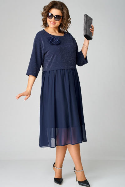 Нарядное платье из шифона и трикотажа с цветком EVA GRANT 7216В темно-синий - фото 3