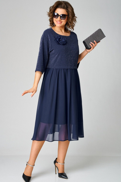 Нарядное платье из шифона и трикотажа с цветком EVA GRANT 7216В темно-синий - фото 2