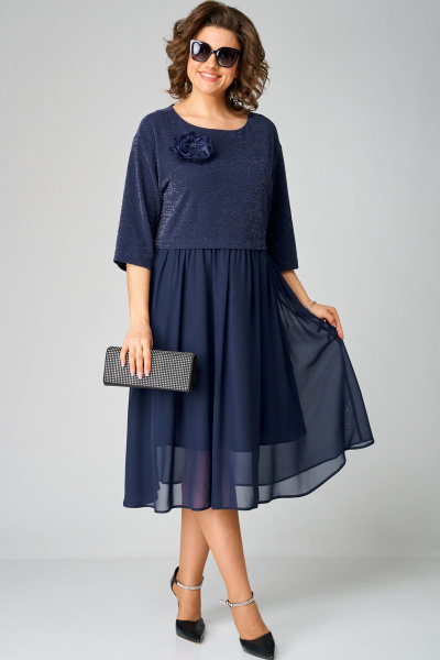 Нарядное платье из шифона и трикотажа с цветком EVA GRANT 7216В темно-синий - фото 1