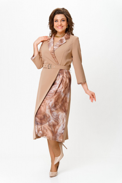 Платье из плательной ткани с сеткой и съемным поясом Bonna Image 960/2 бежевый - фото 1
