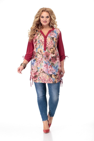 Туника приталенная с цветочным принтом из трикотажа Anelli 434 бордо_рукав - фото 1