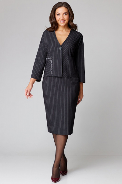 Деловой комплект жакет и юбка из полосатого текстиля Мишель стиль 1215 темно-серый - фото 1
