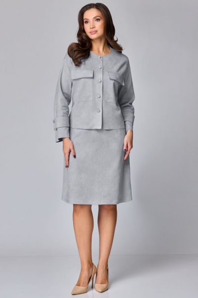 Комплект жакет и юбка из замши в нейтральных тонах Мишель стиль 1247 серый - фото 5