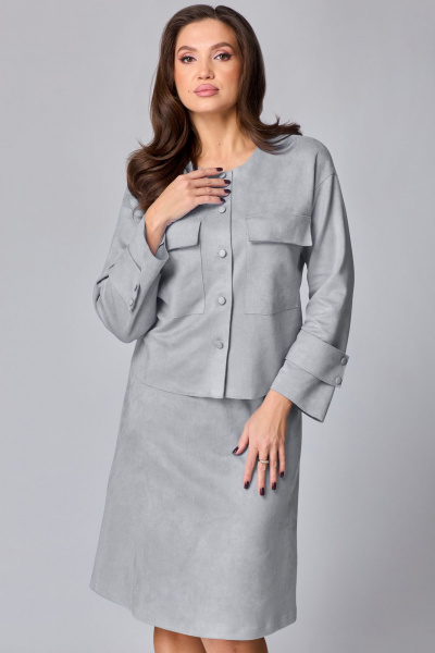 Комплект жакет и юбка из замши в нейтральных тонах Мишель стиль 1247 серый - фото 3