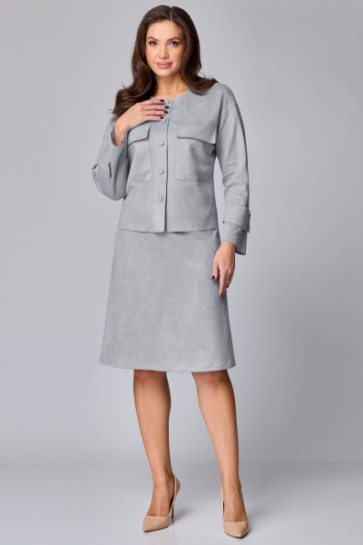 Комплект жакет и юбка из замши в нейтральных тонах Мишель стиль 1247 серый - фото 2