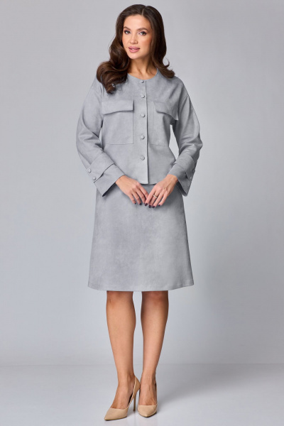 Комплект жакет и юбка из замши в нейтральных тонах Мишель стиль 1247 серый - фото 1