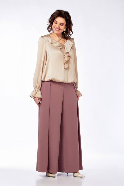Нарядная блуза с вырезом В-образ и воланами из струящейся ткани Ольга Стиль С-889 песочный_перламутр - фото 5