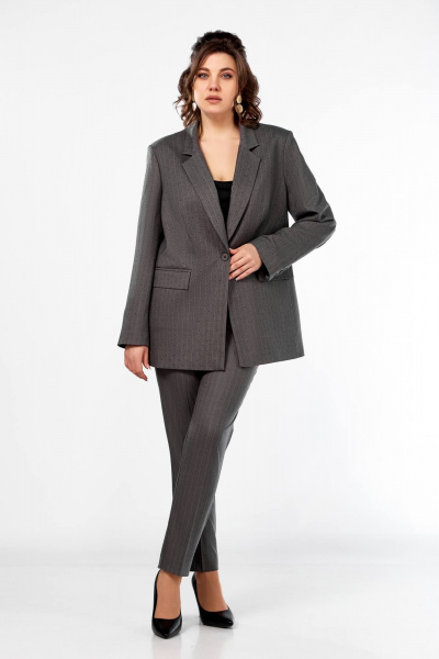 Костюм 2-ка с жакетом и брюками, стразами, облегающий крой Ольга Стиль С-905 темно-серый - фото 1