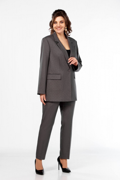Костюм 2-ка с жакетом и брюками, стразами, облегающий крой Ольга Стиль С-905 темно-серый - фото 6