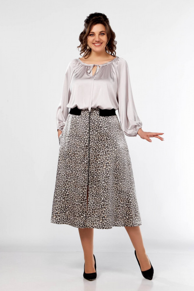 Блуза с сборками и юбка клеш, резинка, демисезон Ольга Стиль С-908 серый+дизайн - фото 8