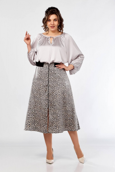 Блуза с сборками и юбка клеш, резинка, демисезон Ольга Стиль С-908 серый+дизайн - фото 4