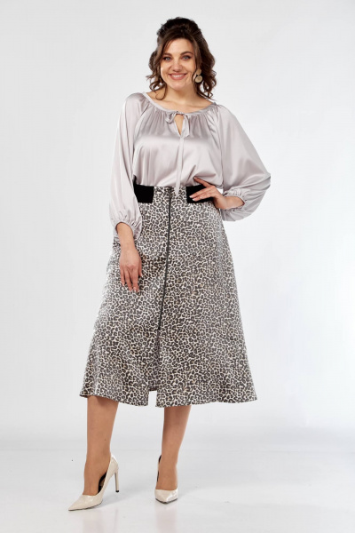 Блуза с сборками и юбка клеш, резинка, демисезон Ольга Стиль С-908 серый+дизайн - фото 3