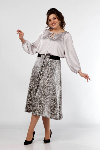 Блуза с сборками и юбка клеш, резинка, демисезон Ольга Стиль С-908 серый+дизайн - фото 2