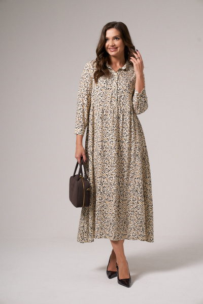 Платье А-силуэта на пуговицах с воротником-стойкой Панда 139984w молочный - фото 1