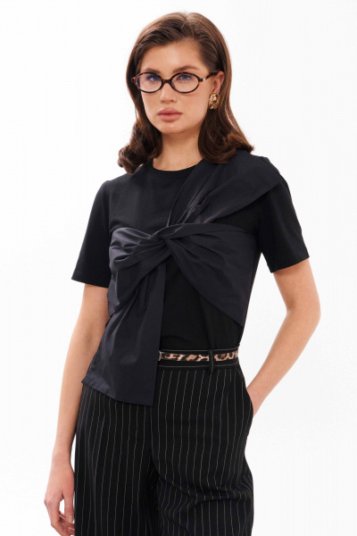 Джемпер из хлопкового трикотажа с бантом Панда 14040 черный - фото 1