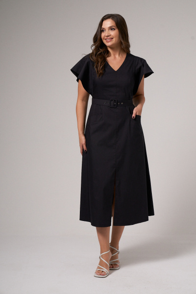 Платье приталенное с поясом и карманами с клапанами Панда 143683w черный - фото 1