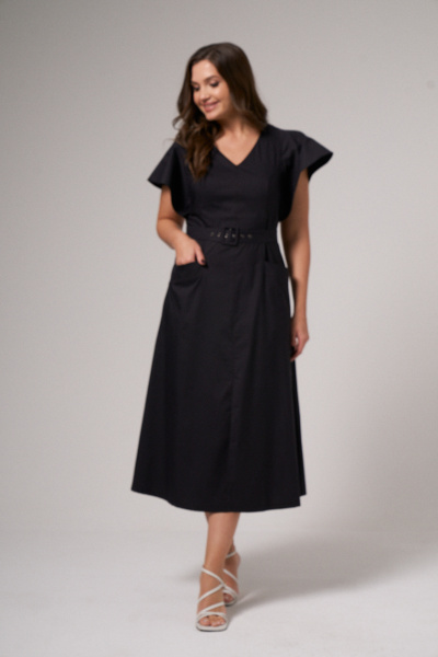 Платье приталенное с поясом и карманами с клапанами Панда 143683w черный - фото 2