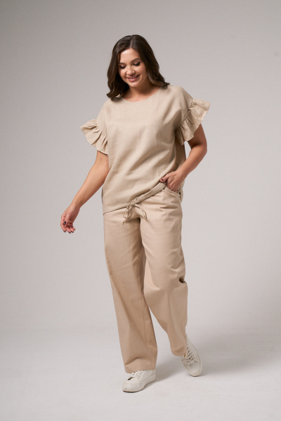 Бежевая льняная блузка с кулиской и сборкой Панда 174740w бежевый - фото 3