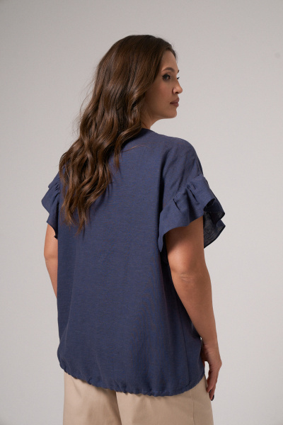 Блузка синяя из льняной ткани с проймой и сборкой Панда 174740w темно-синий - фото 3