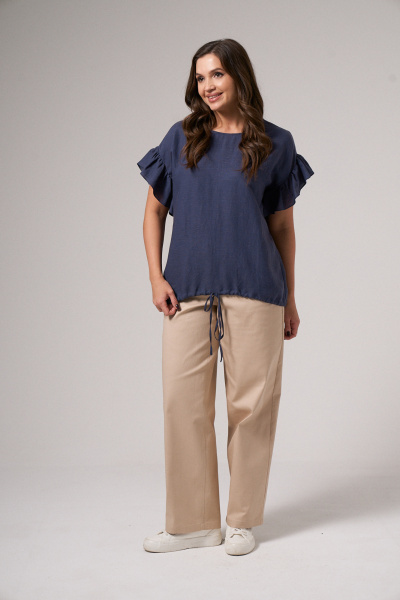 Блузка синяя из льняной ткани с проймой и сборкой Панда 174740w темно-синий - фото 5