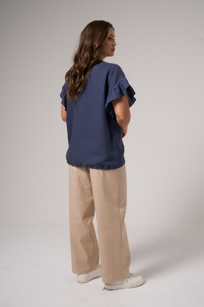 Блузка синяя из льняной ткани с проймой и сборкой Панда 174740w темно-синий - фото 6