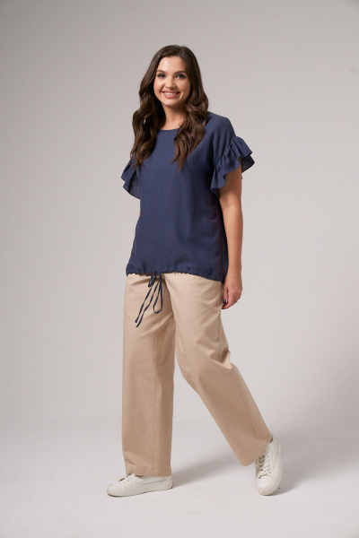 Блузка синяя из льняной ткани с проймой и сборкой Панда 174740w темно-синий - фото 7