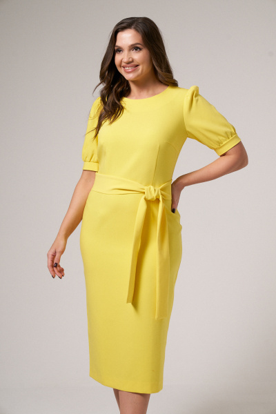 Миди платье трикотажное с объемным поясом и рукавом Панда 89980w желтый - фото 2