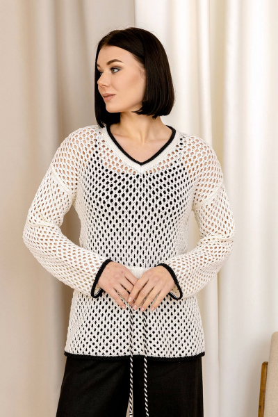 Джемпер из хлопкового вязаного переплетения с ажуром Romgil РВ0040-ХЛ4 молочный, черный - фото 1