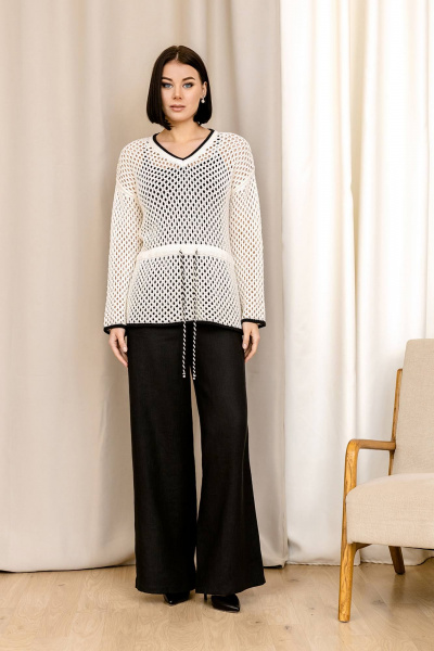 Джемпер из хлопкового вязаного переплетения с ажуром Romgil РВ0040-ХЛ4 молочный, черный - фото 5