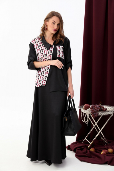 Жакет рубашечного типа асимметричный на каждый день NikVa 902-3 чёрный+ромбы_бордо - фото 7