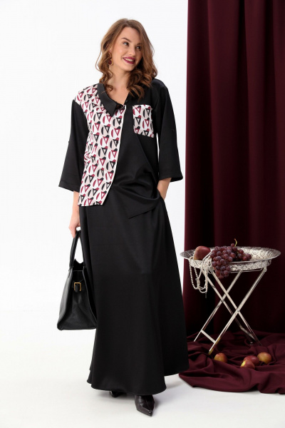 Комбинированный костюм жакет и юбка с асимметричным низом NikVa 928-3 чёрный+ромбы_бордо - фото 1