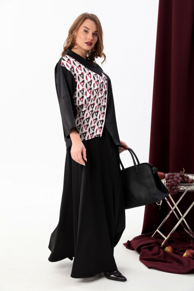 Комбинированный костюм жакет и юбка с асимметричным низом NikVa 928-3 чёрный+ромбы_бордо - фото 2