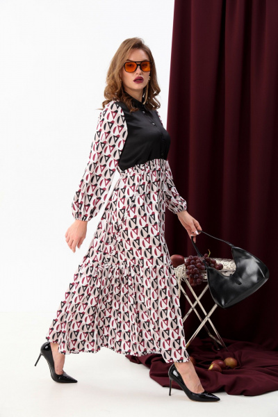 Комбинированное платье с воланом и завышенной талией NikVa 939-3 ромбы_бургунди - фото 7