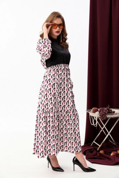 Комбинированное платье с воланом и завышенной талией NikVa 939-3 ромбы_бургунди - фото 6