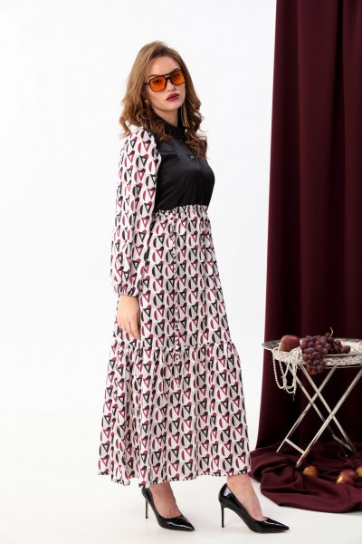 Комбинированное платье с воланом и завышенной талией NikVa 939-3 ромбы_бургунди - фото 3