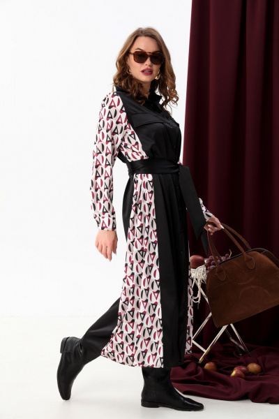 Платье-рубашка классическое с поясом и объемными рукавами NikVa 718-5 чёрный+ромбы бургунди - фото 6