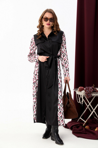 Платье-рубашка классическое с поясом и объемными рукавами NikVa 718-5 чёрный+ромбы бургунди - фото 4