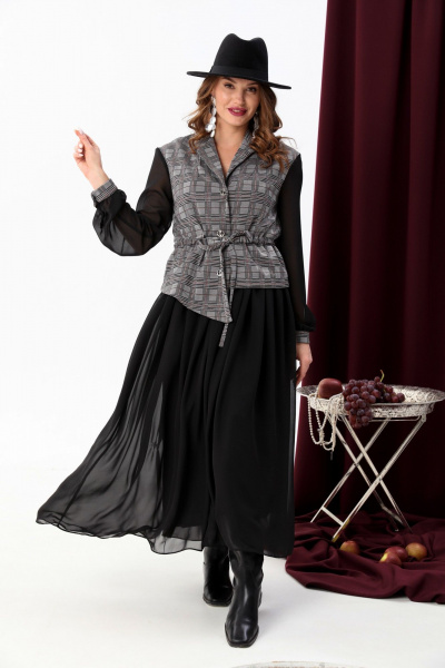 Комбинированное платье из двух тканей с асимметричным низом NikVa 900-4 серая клетка+чёрный - фото 7