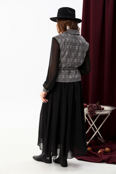 Комбинированное платье из двух тканей с асимметричным низом NikVa 900-4 серая клетка+чёрный - фото 6