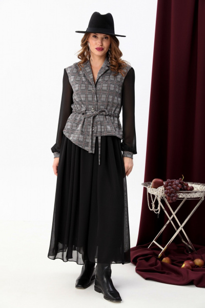 Комбинированное платье из двух тканей с асимметричным низом NikVa 900-4 серая клетка+чёрный - фото 1