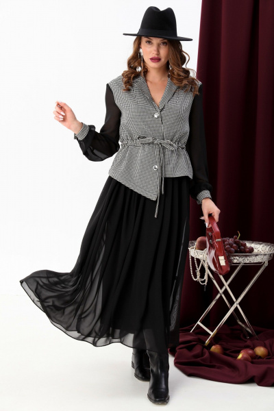 Длинное платье из двух тканей с воротником и сборкой NikVa 900-5 чёрно-белая гус лапка+чёрный - фото 1