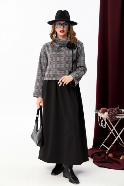 Платье прямого силуэта из текстиля с отделочной тканью NikVa 924-5 серая клетка+чёрный - фото 4