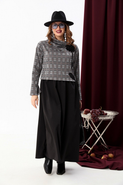 Платье прямого силуэта из текстиля с отделочной тканью NikVa 924-5 серая клетка+чёрный - фото 2