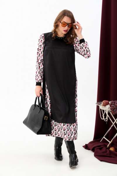 Платье комбинированное с А-силуэтом и ремнем из экокожи NikVa 926-2 ромбы бургунди и чёрный - фото 8