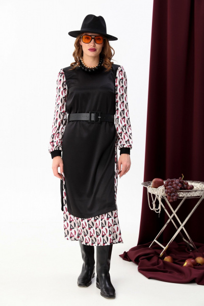 Платье комбинированное с А-силуэтом и ремнем из экокожи NikVa 926-2 ромбы бургунди и чёрный - фото 7