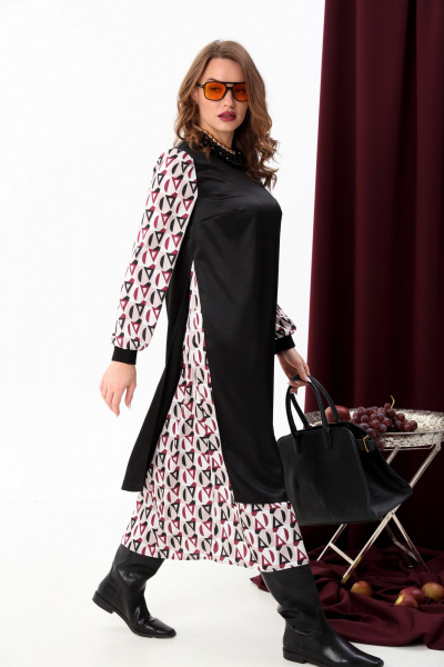 Платье комбинированное с А-силуэтом и ремнем из экокожи NikVa 926-2 ромбы бургунди и чёрный - фото 2